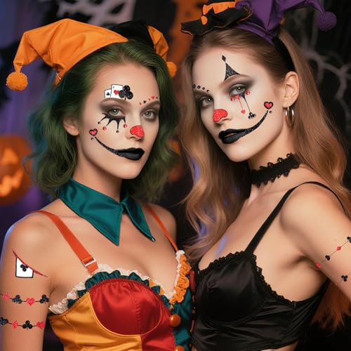 Cerlaza Halloween Decorations, Clown Face Makeup Temporary Tattoos+Black Red Faces Gems, Glitter Clown Face Paint Kit Halloween Costumes Rave Party Favors, Festival Cosplay Outfits Accessories