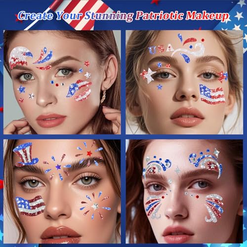 Boko 4th of July Patriotic Glitter Face Stickers, 4Pcs Red White Blue Temporary Tattoos, Self Adhesive Art Sticker Face Tattoos for Independence Day Memorial Day Veterans Day Flag Rave Party