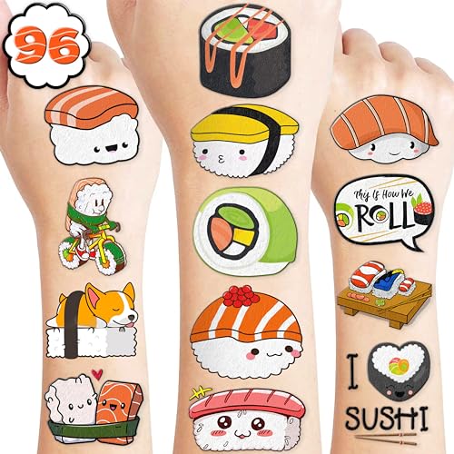 Sushi Temporary Tattoos 8 Sheets 96 PCS Sushi Roll Party Decorations Favors Supplies Japanese Theme Birthday Cute Stickers Christmas Gifts for Boys Girls Kids Class School Prizes Carnival