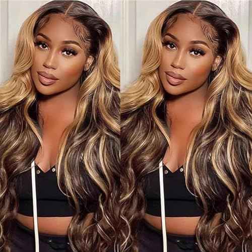 Honey Blonde Ombre Lace Front Wig Human Hair Body Wave Highlights 13X4 HD Lace Front Wigs Pre Plucked 180% Density Glueless 4/27 Highlighted Human Hair Wig 20 Inch