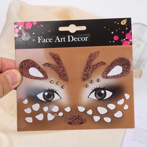 Cute Deer Face Stickers with Glitter & Gems - 2Pc Set