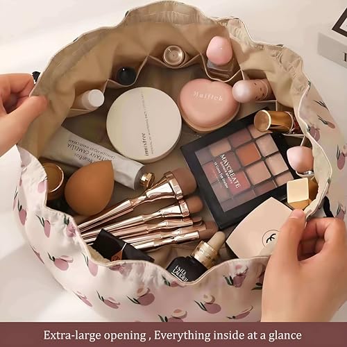 Large Capacity Drawstring Makeup Bag - Lightweight Oxford Fabric Cosmetic Organizer with Fruit Print, Travel Toiletry Pouch for Women & Beauty Lovers (Portable, Effortless Storage)(Peach powder)