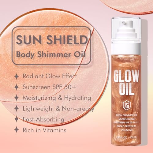 Sunscreen Body Glow Oil¡¼SPF 50¡½¡¼Lightweight¡½¡¼Natural Ingredient¡½Broad Spectrum Shimmer Sunscreen For Face and Body, ROSE