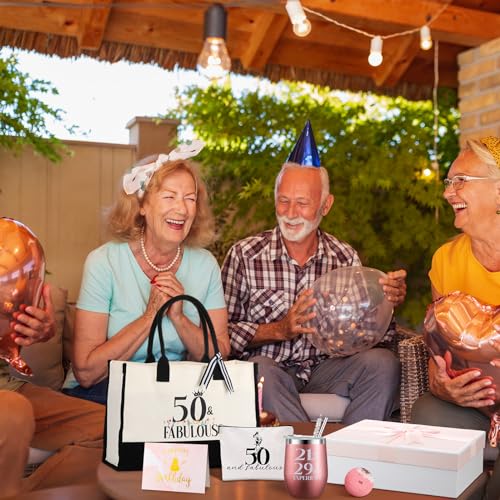 11 Pcs 50TH Birthday Gifts Sets for Her Include Tote Bag Makeup Bag Ring Tray Wine Tumbler Scented Candle Keychain Socks for Women Mom Wife Sister Coworker Happy 50 Birthday Valentines Gifts