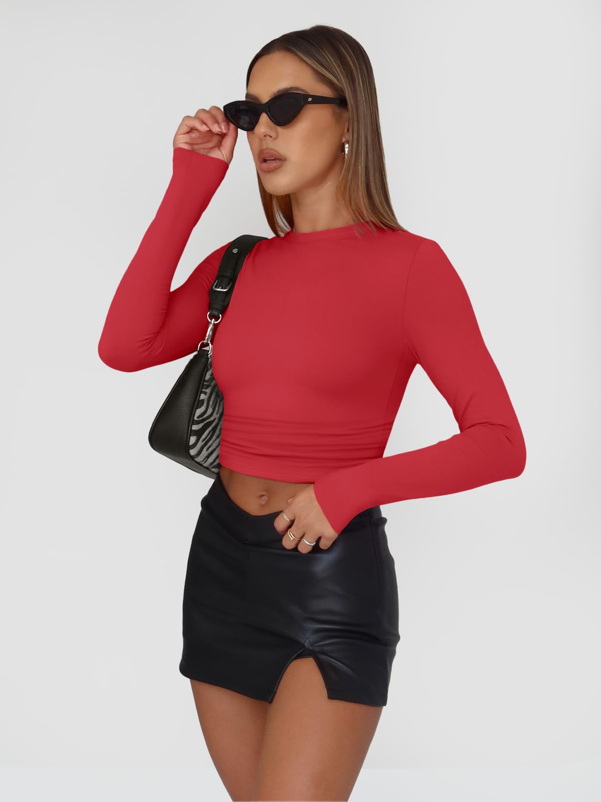 Trendy Queen Womens Long Sleeve Shirts Basic Spring Crop Tops Tees Tight Slim Fit Cute Going Out Outfits Teen Girls Fall Winter Y2k Clothes 2024 Red XS