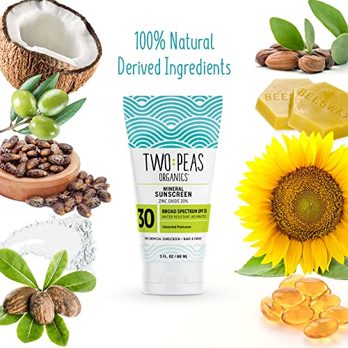 Two Peas Organics - All Natural Organic SPF 30 Sunscreen Lotion - Coral Reef Safe - Baby, Kid & Family Friendly - Chemical Free Mineral Based Formula - Waterproof & Unscented - 3oz (two Pack)