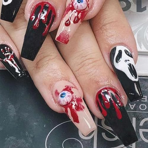 Halloween Press on Nails Coffin Medium Length Fake Nails Black False Nails with Designs Evil Eye Blood Drop Glue on Nails Scary Ghost Stick on Nails Full Cover Square Artificial Nails for Women 24pcs