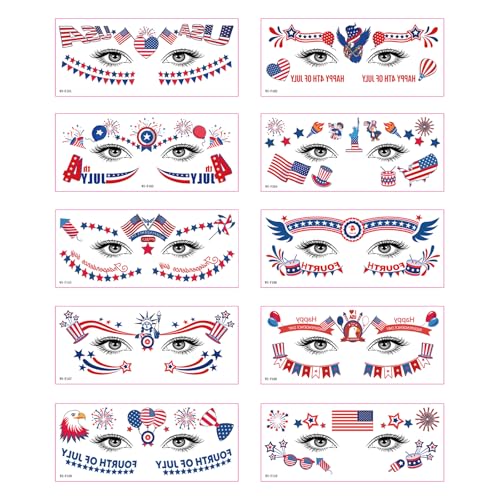 Fourth of July Temporary Tattoos - 10 Sheets Waterproof Face Eye Tattoos