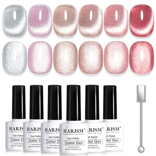 RARJSM Diamond Cat Eye Gel Nail Polish Set - 6 Colors with Magnet Stick
