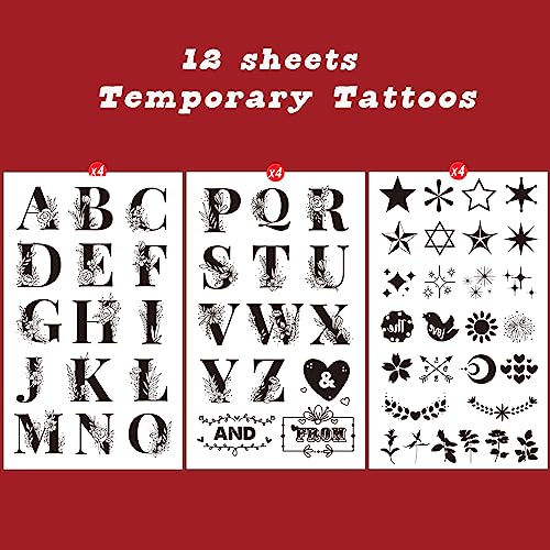Letter Temporary Tattoo Female Girl, 12 Black Forged English Letters, Flowers English Letters waterproof Tattoo Stickers, for Adult Children's Body Arm Birthday Party Gifts