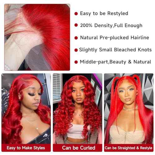 Ice Pear 30 Inch Red Hair Wig Pre Plucked 13x6 Body Wave Wigs Human Hair, 200% Density 13x6 Colored Wigs for Women,Red Glueless Wig Bleached Knots with Baby Hair