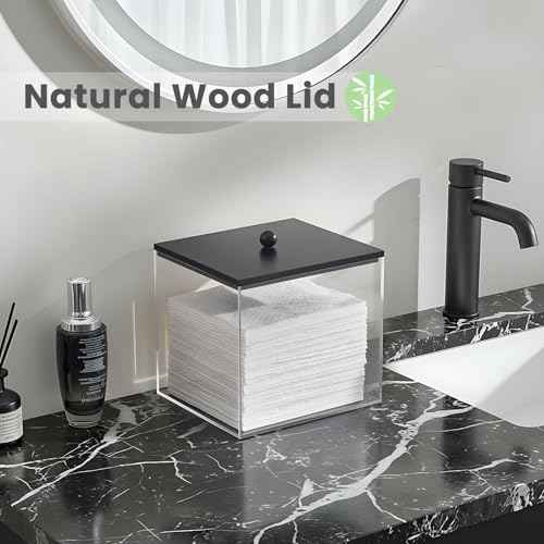 Puricon Acrylic Disposable Facial Towels Holder, Clear Storage Bin with Wood Lid Compatible with Clean Skin Club Towel (NOT Included), Face Towelettes Container for Bathroom Counter -Black