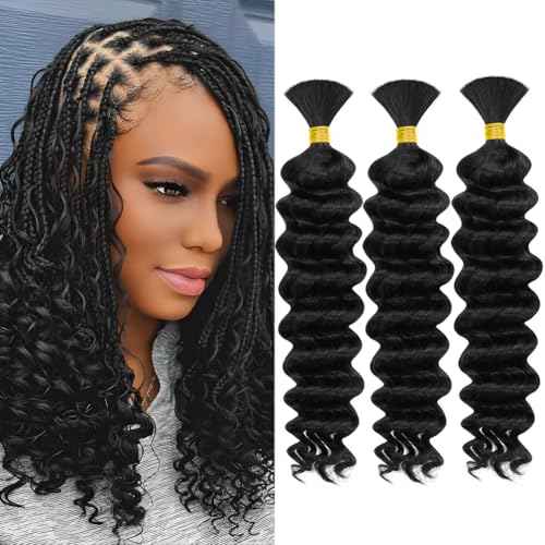 Human Braiding Hair, 3 Bundle 150g 16 Inch Boho Braids Human Hair 10A Deep Wave Bulk Brazilian Virgin No Weft Wavy Hair Extensions for Boho Bohemian Micro Braid Bulk for Braiding Natural Black