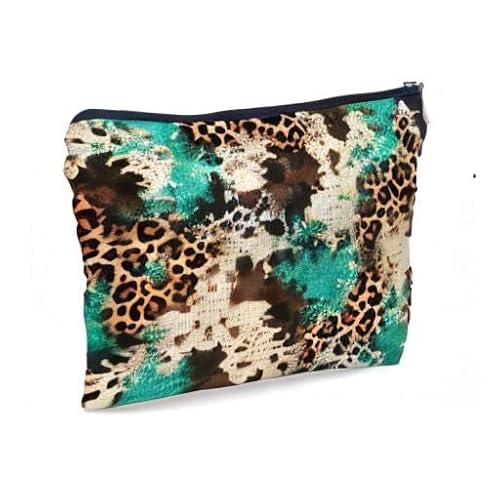 Western Cowhide Leopard Turquoise Glitter Pattern Fashion Makeup Bag Make up Cosmetic Bag Small Zipper Pouch,Gifts for Girls Women