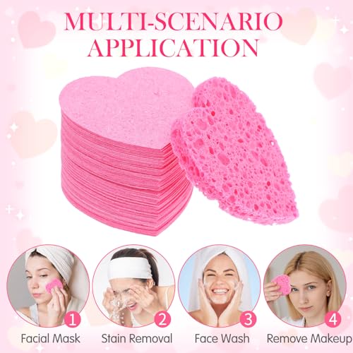 120 Pcs Compressed Facial Sponges with Container, Disposable Natural Face Sponges Round Soft Pads with Container for Washing Face Cleansing Exfoliating Esthetician Makeup Removal Travel (Heart, Pink)