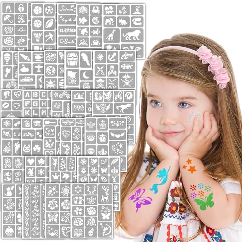 390 PCS Temporary Tattoo Stencils Kit for Kids, 28 Sheets