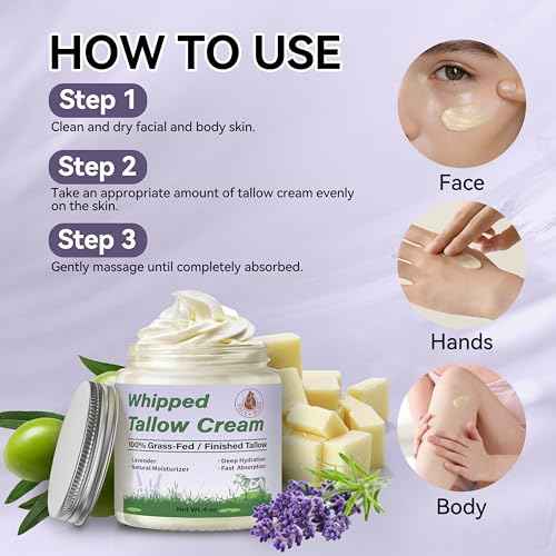 Beef Tallow for Skin, Organic Tallow Face Moisturizer, Whipped Grass Fed Beef Tallow Balm Cream for Skin Care Face Body, Deep Hydrate and Nourish Dry Skin, Lavender - 4 oz