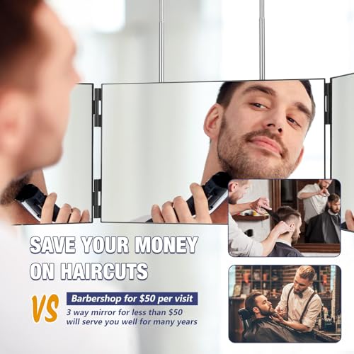 Dripex 3 Way Mirror for Men or Women, 360¡Æ Trifold Self Haircut Mirror with Height Adjustable Hooks, for Makeup, Styling, Shaving, Braiding, Dye Hair (Black Without Led)