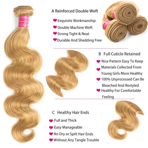 Honey Blonde Body Wave Hair Bundles - 100% Brazilian Remy, 3 Pack (18, 20, 22 Inch)