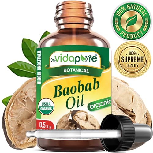 MYVIDAPURE Organic BAOBAB OIL Certified Organic 100% Natural Pure VIRGIN UNREFINED for Skin, Face, Hair, Lip and Nail Care (0.5 Fl Oz)