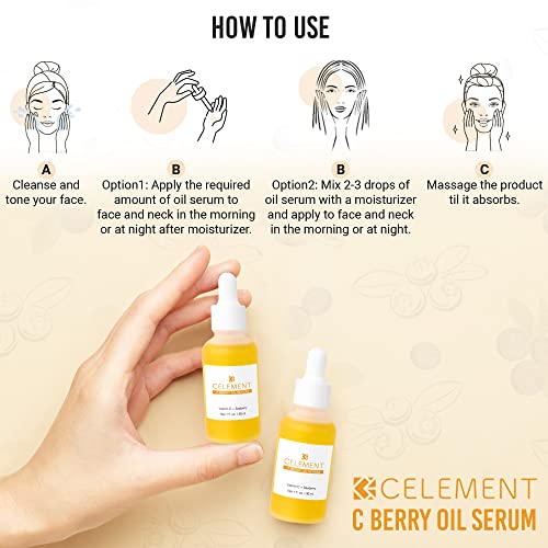 C Berry Oil Serum with Vitamin C, Sea Buckthorn, Rosehip, Jojoba, Squalane - Reduces Hyperpigmentation, Age Spots, Scars, Fine Lines - Nail and Cuticle Treatment - Glowing Skin, 1 fl. oz