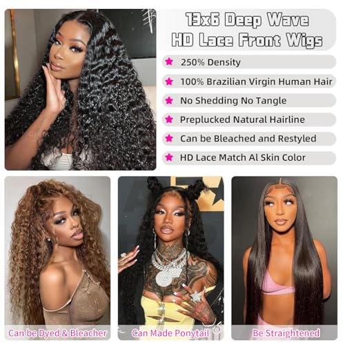 12 Inch Deep Wave Lace Front Wigs Human Hair 250 Density 13x6 HD Lace Frontal Wigs Human Hair Pre Plucked Deep Curly Glueless Wigs for Women