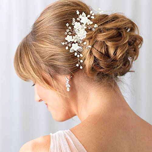 White Flower Bridal Hair Comb with Pearls & Rhinestones