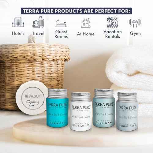 Terra Pure White Tea & Coconut Toiletries Set | 1-Shoppe Amenities Kit | 1oz Shampoo & Conditioner, Body Wash, Lotion, 1.25oz Bar Soap | Travel Size | 150 Pieces