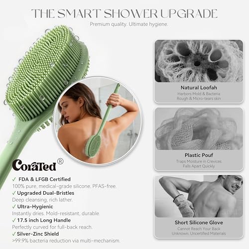 CORATED Silicone Back Scrubber with Long Handle, 2-in-1 Exfoliating Body Brush