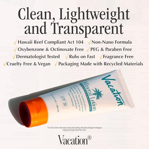 Vacation Mineral Lotion Sunscreen SPF 30 + Air Freshener Bundle, Premium Zinc Sunscreen For Sensitive Skin, Hydrating + Lightweight Mineral Based Sunscreen, Dermatologist Tested, 3.4 fl. Oz.