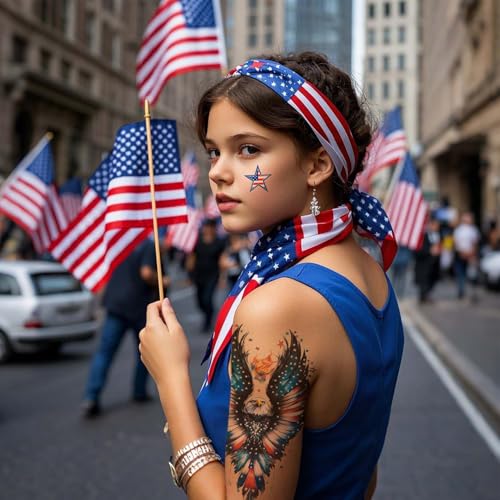 32 Sheets Independence Day Temporary Tattoo, USA Flag Patriotic Waterproof Fake Tattoos, Red White Blue Party Supplies Temp Tattoo Kits 4th of July Memorial Day, Veterans Day Summer Festivals