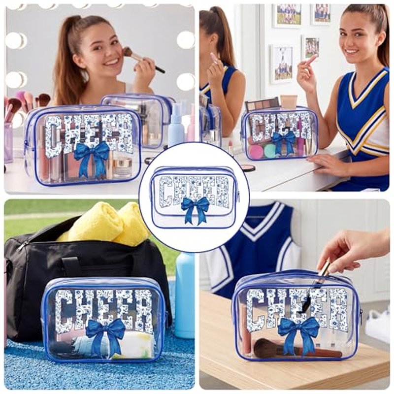 12Pcs Clear Cheer Makeup Bags with Blue Bow - Team Cosmetic Pouches