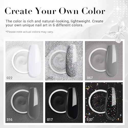 AZUREBEAUTY Dip Powder Nail Basic Set White Black Silver Grey Pure Sparkle 6 Colors All Seasons Dipping Powder Starter Kit French Nail Art Manicure DIY Salon for Women, No Need Nail Lamp Cured
