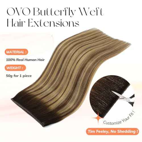 OVO Butterfly Weft Hair Extensions Human Hair Ombre Brown Highlight Dual-Sided Seamless Invisible Weave,Beaded Flat Weft Extensions, Soft & Natural Real Human Hair Extensions