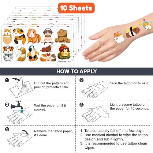 101 PCS Cute Guinea Pig Temporary Tattoos Themed Birthday Party Decorations Favors Supplies D?cor Hamster Pet Mouse Animal Tattoo Stickers Gifts For Game Boys Girls Classroom School Prizes Reward
