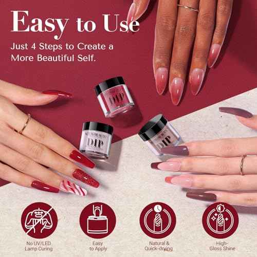 AZUREBEAUTY Dip Powder, Brown Red Glitter 6 Colors Dipping Powder Starter Kit French Nail Art Manicure DIY Salon for Women, No Need Nail Lamp Cured