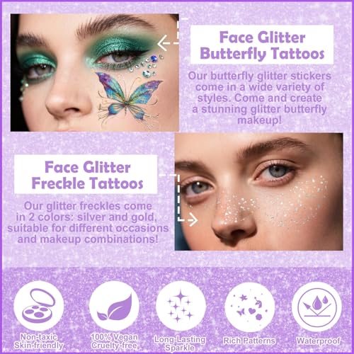Yosca Glitter Butterfly Temporary Tattoos, 14Pcs with Gold Silver Freckles