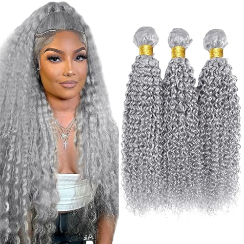 Brazilian Grey Curly Wave Hair Bundles - 3 Pack, 30-34 Inch