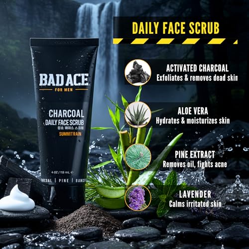 BAD ACE Daily Men's Charcoal Face Wash with Scrubs, Korean Exfoliating Face Wash - Premium Face Scrub for Men, Deep Cleansing Skin Care | Men's Facial Cleanser for Oily Skin & Normal Skin, 4 oz