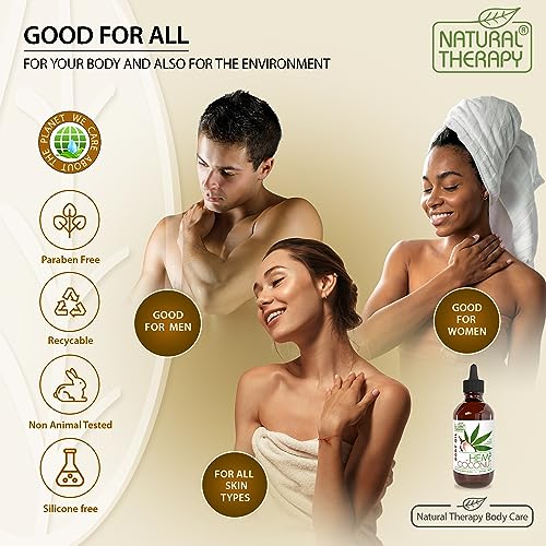 Natural Therapy Body Oil with Hemp & Coconut - Dry Skin Moisturizer and Hydrating Massage Oil - Increase Skin Elasticity and Provide Anti-Aging Support for Face and Body (4 fl.oz)