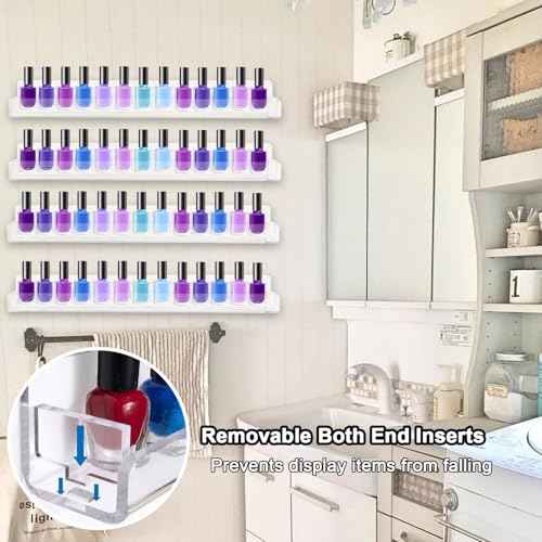 6 Pack Nail Polish Rack, Wall Mounted Organizer Shelf With Removable Anti-slip End Inserts, Clear Acrylic Display Holder for 90 Bottles