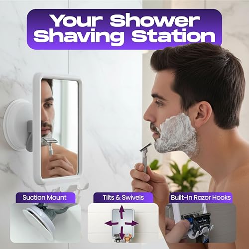 Fog-Free Shower Mirror with 360° Swivel & Razor Hooks