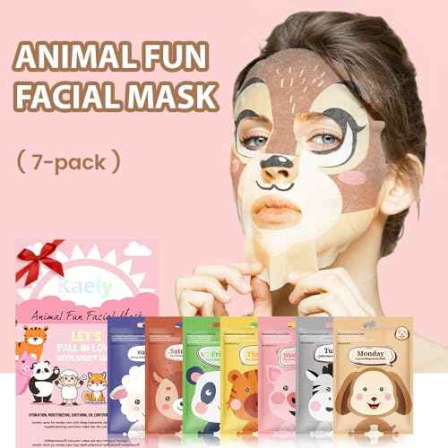 Kaely 7 Pack Kids Face Mask Spa, Animal Face Masks for Kids Teens Women Skincare, Animal Character Sheet Facial Mask for All Skin Types, Girls Night Party Skin Care Set, Birthday Christmas Gifts, 01A