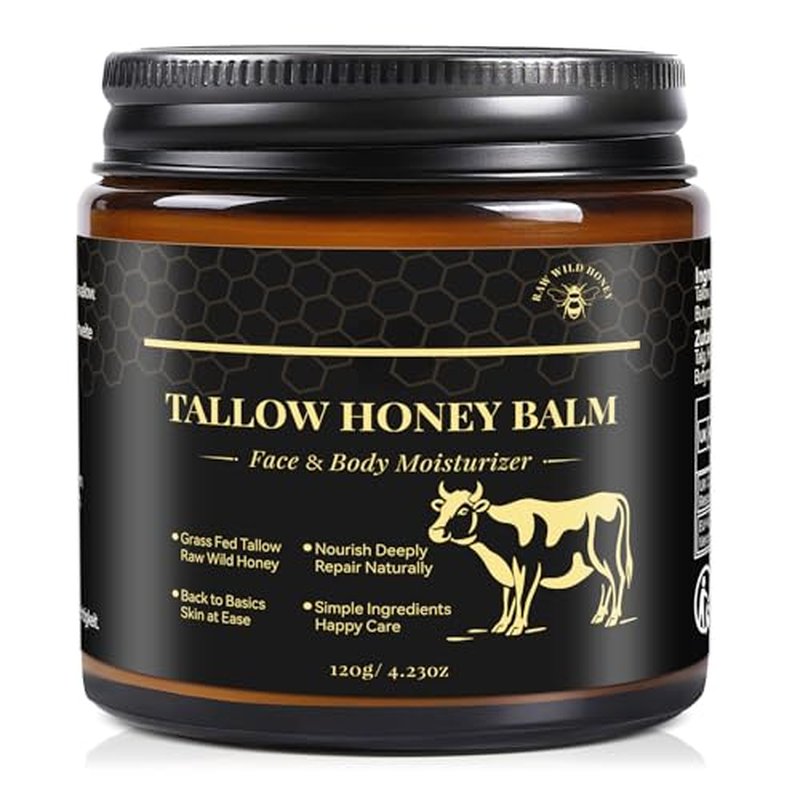 KINGMING Beef Tallow for Skin, Tallow and Honey Balm for Face, Facial Moisturizer Cream, Grass Fed Beef Tallow Balm Deeply Moisturizing for Face & Body, Suitable For All Skin Types (4.23 oz)