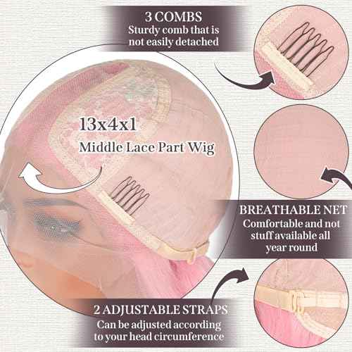 Pink Wig 26 inch Long Wavy Pink Wigs for Women, 13X4X1 HD T-part Synthetic Lace Front Wig Natural Looking As Human Hair Middle Part Pre Plucked Glueless Wigs for Daily Party Cosplay Use (T2313#)