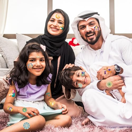 HOWAF 96pcs Eid Mubarak Temporary Tattoos, Ramadan Kareem Themed Face Tattoos Stickers for Boys girls with Star Moon Castle Patterns for Eid Party Decorations, Ramadan Mubarak Fake Tattoos