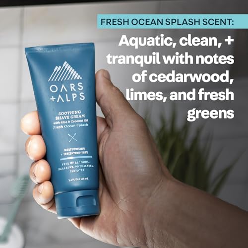 Oars + Alps Soothing Men's Shaving Cream, Dermatologist Tested and Infused with Aloe and Coconut Oil, Fresh Ocean Splash Scent, TSA Friendly, 3.4 Oz, 1 Pack