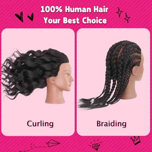 Mannequin Head with Human Hair 16" Cosmetology Manikin Doll Head 100% Real Human Hair for Styling Hairdresser Practice Braiding with Tripod Set