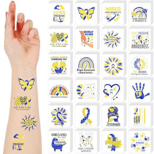 Landhoow 240 Pcs Down Syndrome Awareness Tattoos Temporary Glitter Blue Yellow Ribbon Stickers Boys Girls Tattoos Body Stickers for Prevention of Down Syndrome Favor Charity Campaign Supplies