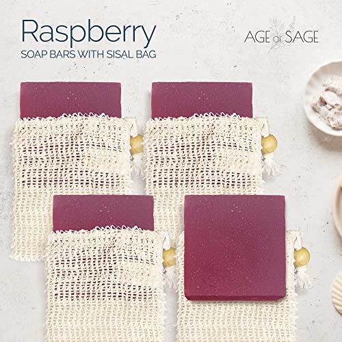 Age of Sage Natural Soap Bar w/Sisal Bag, Vegan Artisan Soap Bar Set for Women, Body Soap in Bar Soap Pouch, Natural Bath Soaps w/Essential Oils, 4 Plain Body Soap Bars, Raspberry